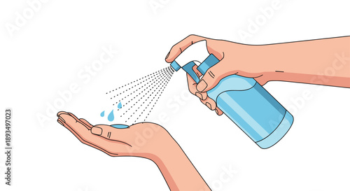Detailed illustration of human hands applying sanitizer from a spray bottle to ensure hygiene and protection against germs and viruses.