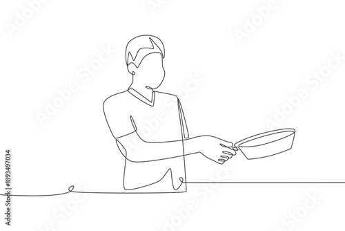 Man is preparing food. Meal preparation concept one-line drawing