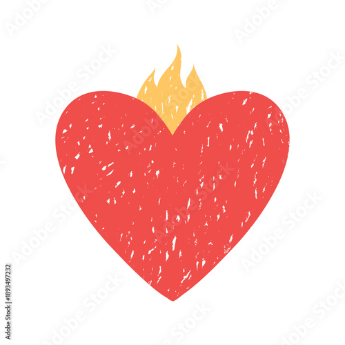 Hand drawn red heart with a golden flame and grunge texture on a white background.