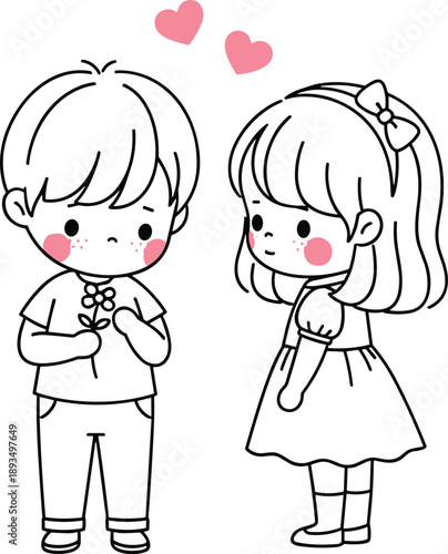Cute kids couple illustration with shy boy holding flower and girl smiling showing innocent childhood love vector line art