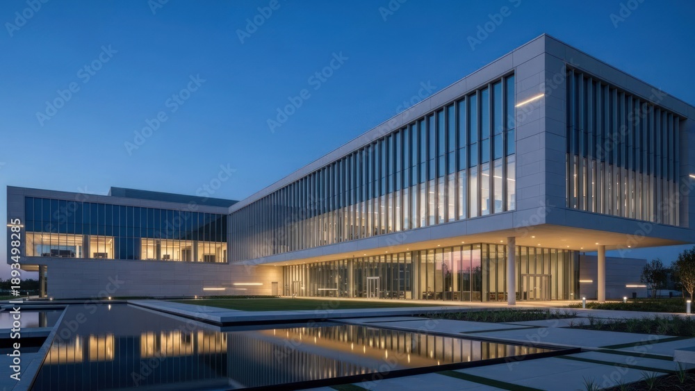 Fototapeta premium Modern architectural building with reflective pool at twilight