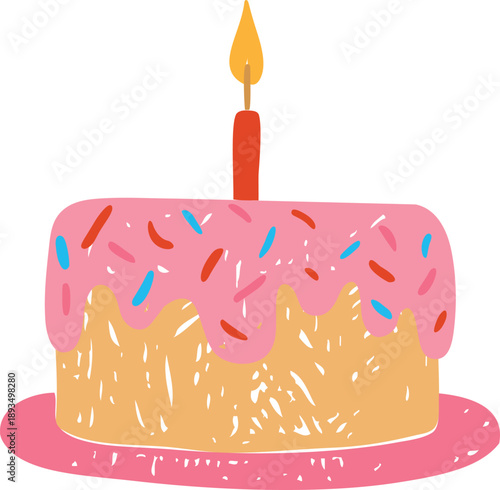 A bright yellow cake with pink icing, sprinkles, and a single lit candle, hand-drawn in pencil.