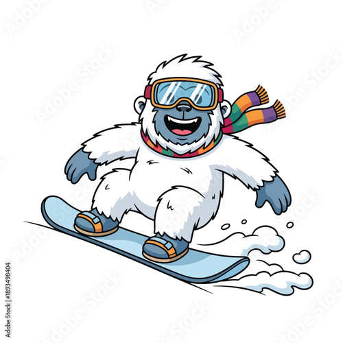 Cheerful Cartoon Yeti Snowboarding Down a Snowy Slope in Winter Illustration