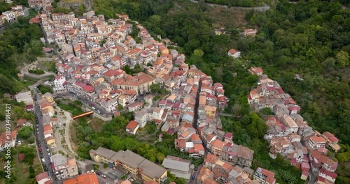 Aerial view of the historic center of the town of Lamezia Terme, in the province of Catanzaro, Calabria, Italy. These are the old houses of the Nicastro district, perched on the hill.