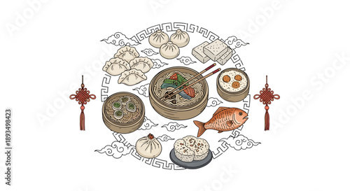 Traditional Chinese Food Illustration Set with Dumplings, Noodles, and Dim Sum on White Background