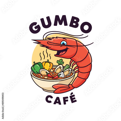 Smiling cartoon shrimp mascot presenting a steaming bowl of flavorful gumbo for a cafe design.