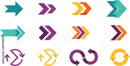 Colorful arrow icons and refresh symbols set, forward navigation chevrons and loop arrows, modern flat vector design