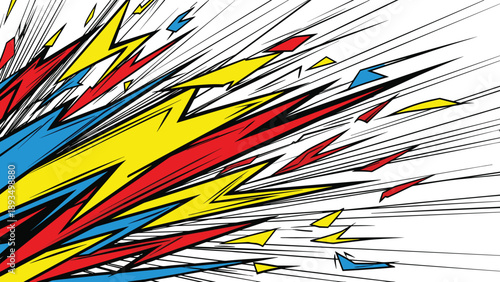 Dynamic comic lightning bolt explosion background with speed lines, colorful abstract energy burst illustration, pop art action style design isolated on white