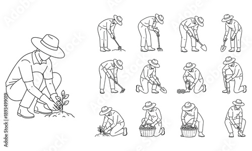 Farmer gardening activities line illustration set, man planting harvesting and digging poses, agriculture work outline drawings, rural lifestyle scenes isolated on white