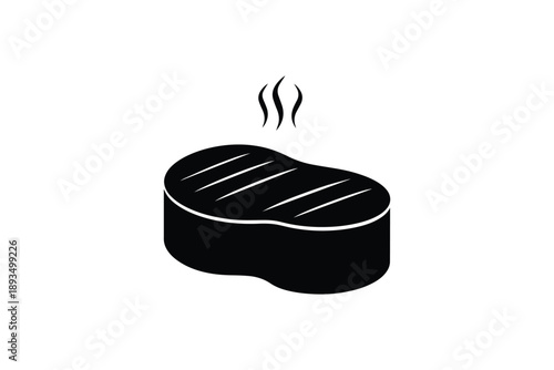 Stylized black icon of grilled beef steak with steam lines on white background showing hot cooked meat product
