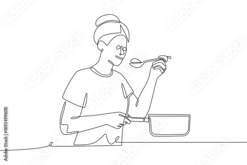 Woman is preparing food. Meal preparation concept one-line drawing