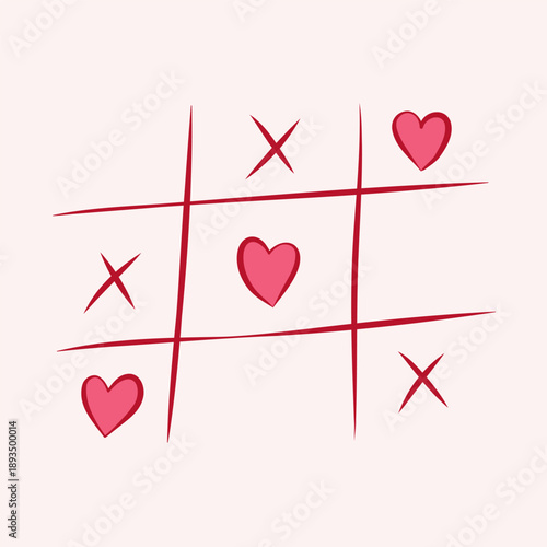 Isolated tic-tac-toe with heart instead zero in ink sketch style. Flat vector illustration in pink red colors. Design element for card, poster, menu, pattern, sticker.