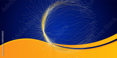 Abstract blue and yellow wave wide background banner curve element with line blue pettern space for text and message design, overlapping layers.