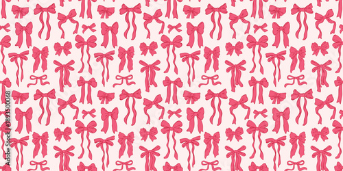 Seamless pattern with different tied bows in pink red colors for Valentines day, wedding or birthday. Template for package, textile, background, wallpaper. Hand drawn ink sketch style