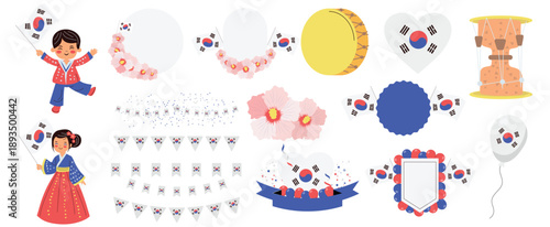 Collection of South Korean cultural symbols and decorative elements including children in traditional hanbok flags flowers and drums isolated on white background