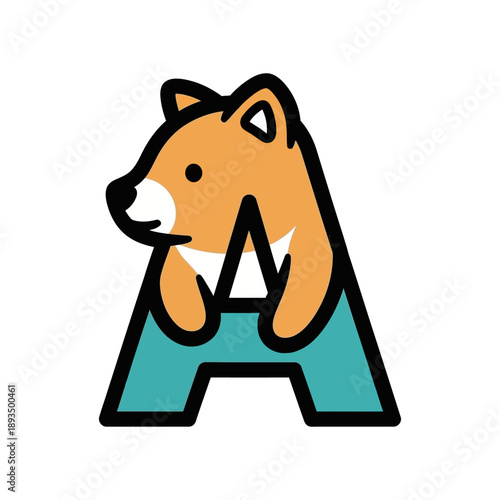 Cartoon shiba inu dog sitting on large teal letter a symbol