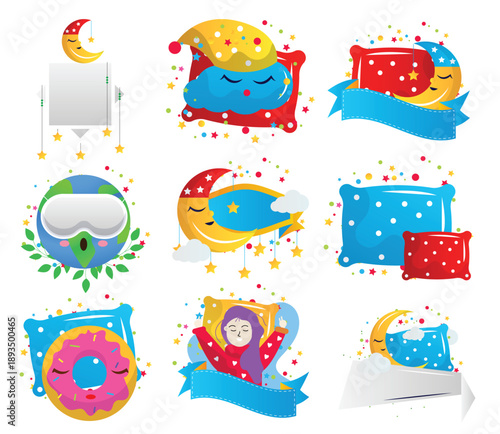 A collection of cute bedtime illustrations including sleeping characters crescent moons soft pillows and stars with decorative banners isolated on a white background