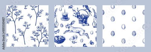 Vintage Easter hand drawn seamless pattern set. Spring holiday design collection. Retro sketch vector isolated illustration.