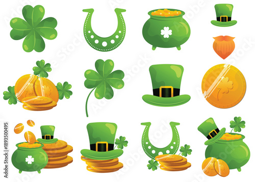 A comprehensive collection of St Patricks Day icons featuring green top hats lucky horseshoes pots of gold and four leaf clovers isolated on a white background