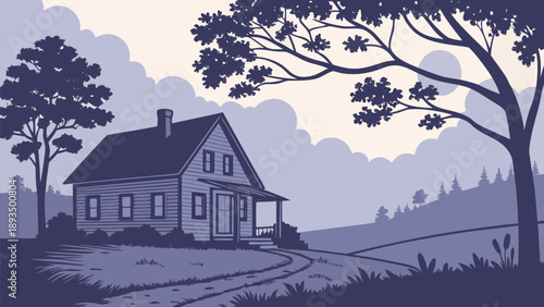 Cozy country home nestled among trees on serene landscape