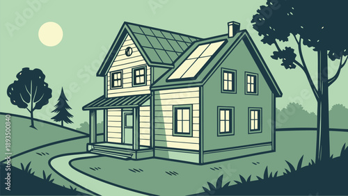 Cozy suburban home with solar panels at dusk