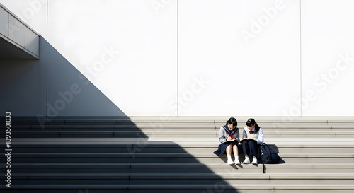 Japanese high school students sitting and studying on minimalist