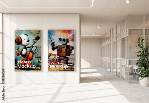 Dual Vertical Poster Mockup in Modern Office Hallway