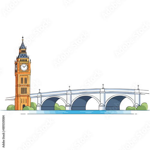 London landmark illustration featuring Big Ben Elizabeth Tower and Westminster Bridge over Thames River in flat vector style