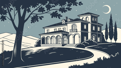 Elegant mansion under starry night sky with crescent moon