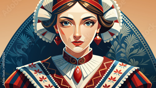 Very beautiful close-up of a traditional Italian regional women’s folk dress with lace details and rich fabric textures, isolated on white background, reflecting timeless European elegance and craftsm