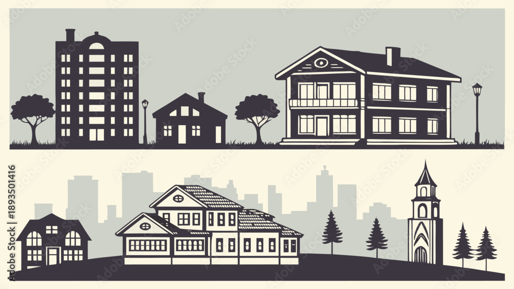 Obraz premium Houses and buildings in urban and rural settings