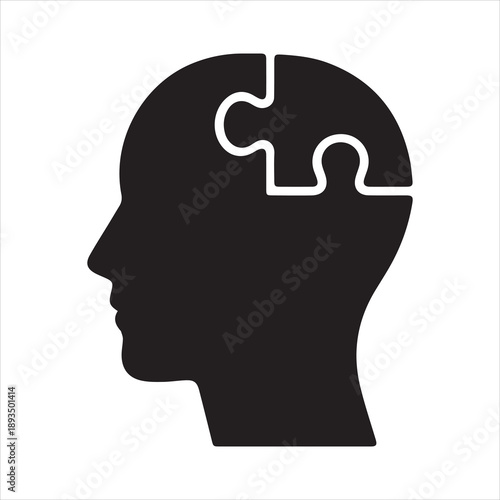 Head profile with puzzle piece. Concept for psychology, mental health, therapy, autism, problem solving, and creativity. Mind logic and solution symbol. Vector illustration.