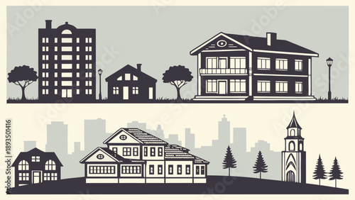 Houses and buildings in urban and rural settings