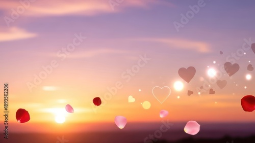 A serene sunset with floating heart-shaped balloons, evoking a romantic atmosphere.