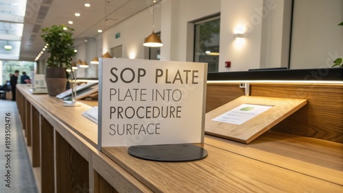 SOP Plate Instruction Sign on Wooden Counter in Modern Office Environment for Procedure Guidelines