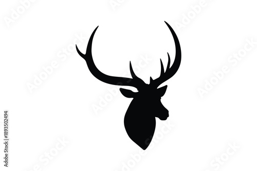 Deer head silhouette icon featuring large antlers isolated on white background for wildlife and hunting themes