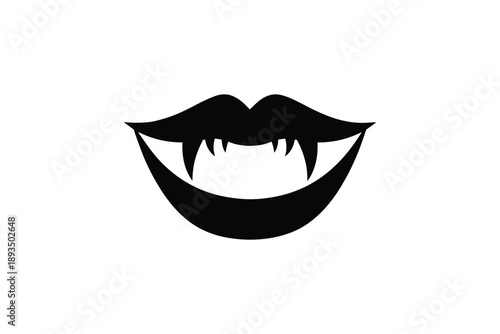 Vampire mouth silhouette icon featuring sharp fangs isolated on white background for halloween holiday designs