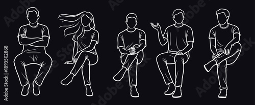 White line art people sitting poses on dark background with casual men and women characters for modern lifestyle communication and social interaction design concepts