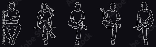 White line art people sitting poses illustration on dark background with casual men and women characters for modern lifestyle communication social interaction and design concepts