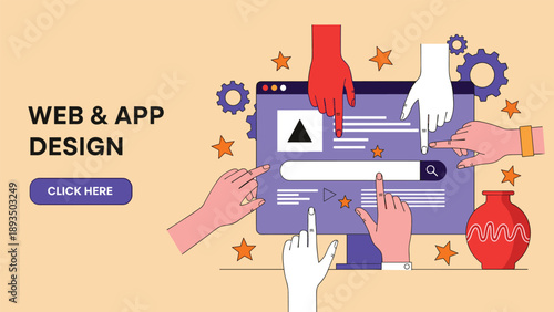 Web and app design concept illustration with teamwork hands interacting interface, UI UX development, digital product design, modern flat vector style