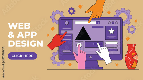 Web and app design concept illustration with collaborative hands interacting user interface, UI UX workflow, digital product development, modern flat vector design