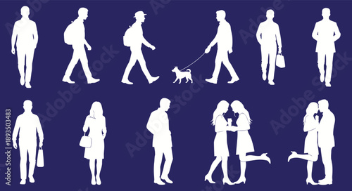 Walking people silhouette set, men women couples daily activities, shopping dog walking lifestyle poses, white figures on dark blue background