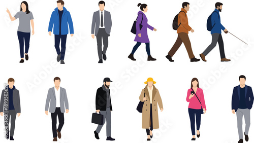 Walking people flat illustration set, men women casual and business outfits, urban lifestyle characters, modern vector design collection