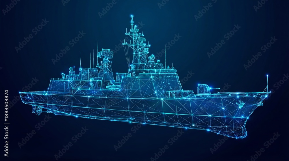 Fototapeta premium Futuristic Digital Wireframe of Modern Missile Destroyer Warship with Glowing Blue Poly Mesh - Naval Defense Concept
