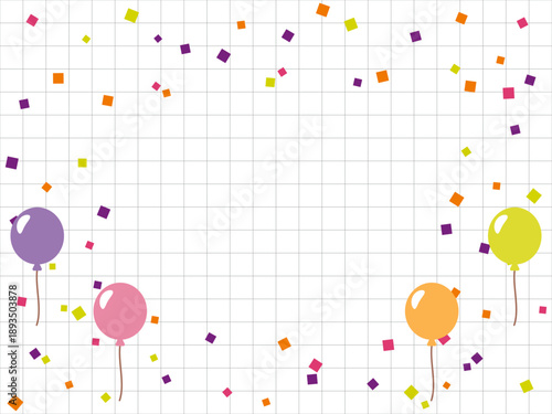 風船と紙吹雪とグリッド線背景のイラスト（紫・ピンク・オレンジ・黄緑）