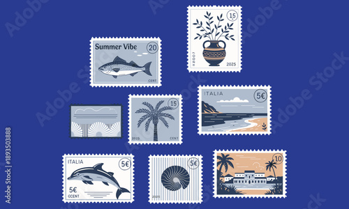 Vintage travel postage stamps illustration set, summer vibe Italy themes, sea coast palm trees fish dolphin, retro flat postal design