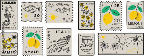 Vintage summer themed Italian postage stamp illustration set featuring Amalfi lemons, seafood, flowers, seaside symbols, retro travel icons, minimal flat engraving style collection