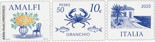 Vintage Italian postage stamp illustration set featuring Amalfi coast, crab seafood motif, seaside architecture, blue ink engraving style, retro travel and postal collection design