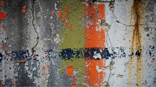 Grungy concrete wall texture with peeling paint stripes and rust stains background vector illustration.