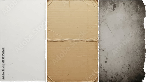 Set of textured paper sheets, white, brown, and gray aged papers vector illustration.